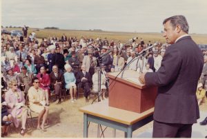 Dr. Sam Smith (LLD '90), the U of L's first official president speaks to the crowd at the sod-turning ceremony in 1969.