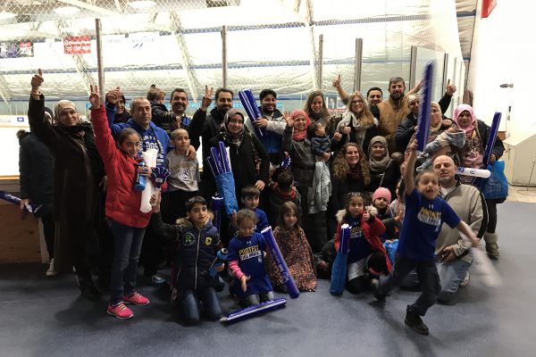 Here is a group shot of some of the Syrian families who attended the Horns hockey game this past Saturday afternoon. Community inclusion is so important to families who move to a new city and we couldn't be happier to have these folks in our community!